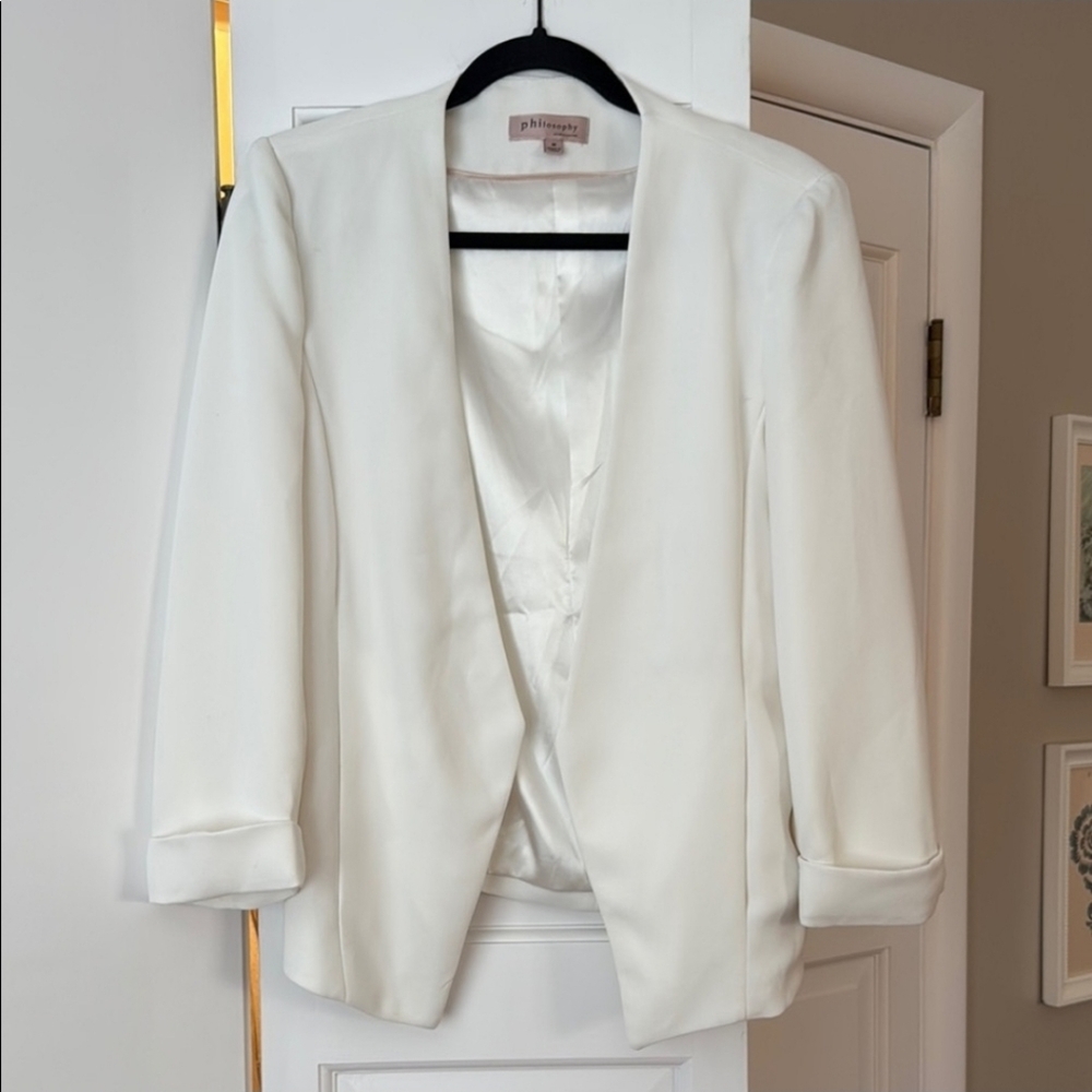 Philosophy White Blazer Tailored 3/4 Sleeve Open Front